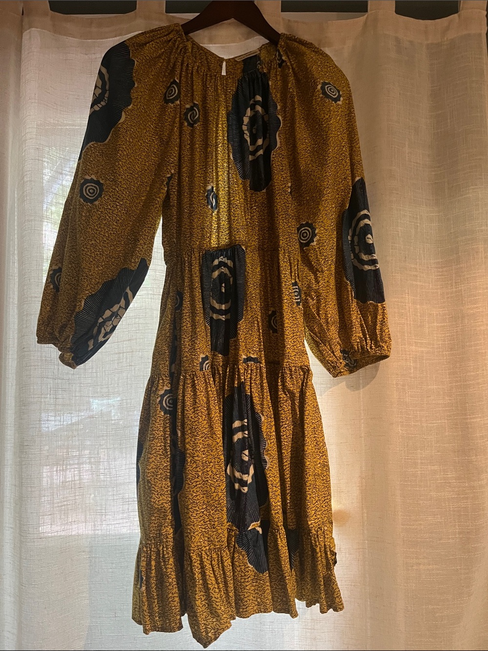 Ulla Johnson Mustard and Navy Printed Long-Sleeve Tiered Dress